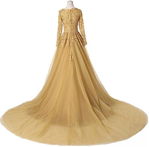 Dreambridal Long Sleeve Gold Lace Applique Beaded Evening Gown Dresses