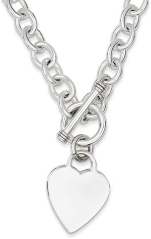 Sterling Silver Solid Link Toggle Bracelet with Dangle Heart Disc (7.5 Inches)