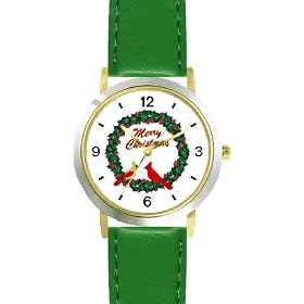 Red & Yellow Cardinals Bird in Merry Christmas Wreath - JP - WATCHBUDDY� DELUXE TWO-TONE THEME WATCH - Arabic Numbers - Green Leather Strap-Size-Children's Size-Small ( Boy's Size & Girl's Size )