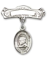 Sterling Silver Baby Badge with St. John Bosco Charm and Arched Polished Badge Pin