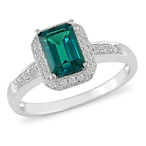 10K White Gold Diamond and 7/8ct Created Emerald Ring