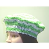 B305x, Hand Crocheted White and Lime Green Color Rayon Cotton Stripe Gimp Beret for Men Women and Teens