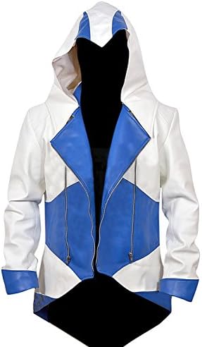 Leather Fashion Mens Assassin's Creed 3 Connor Anime Cosplay Costume Kenway Hoodie Faux Jacket (X-LARGE, BLUE)