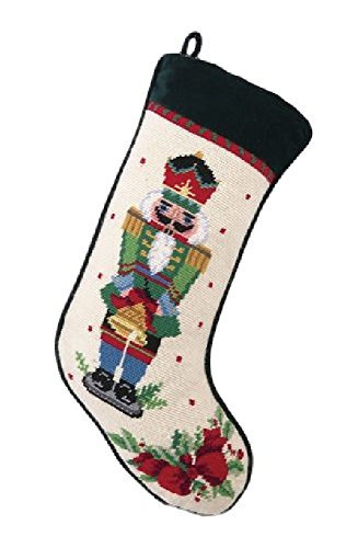Green Nutcracker Melody with Bell Christmas Stocking, Wool & Velvet Needlepoint, 11 Inch X 18 Inch