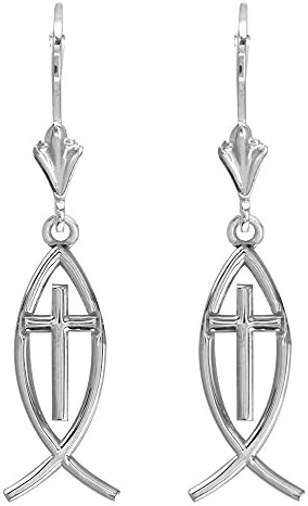 Small Messianic Fish with Cross Charm Earrings in Sterling Silver