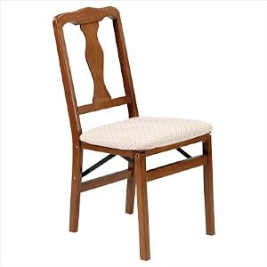 Queen Anne Wood Folding Chair with Upholstered Seat in Fruitwood (Set of 2) by