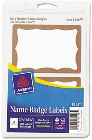 Avery Printable Self-Adhesive Name Badges, 2-11/32 x 3-3/8, Gold Border, 100/Pack