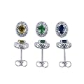 1.55 Ctw Genuine Oval Shape MultiSapphire Gemstone & 0.05 Ctw White Diamond Sterling Silver Earring