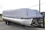 BRAND NEW ULTRA PONTOON BOAT COVER, BEST AVAILABLE, TRI-PURPOSE, FOR STORAGE, MOORING, OR TRAILERING, HAS ELASTIC AND STRAPS FITS 17 18 19 20 FT LONG PLAYPEN AREA GRAY
