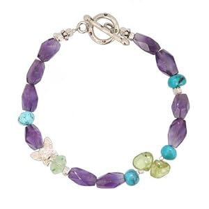 Amethyst, Turquoise and Peridot Gemstone Bead Toggle Bracelet with Sterling Silver Butterfly, 7 1/2" Length, #7515