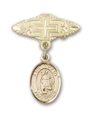 14K Gold Baby Badge with St. Hubert of Liege Charm and Badge Pin with Cross