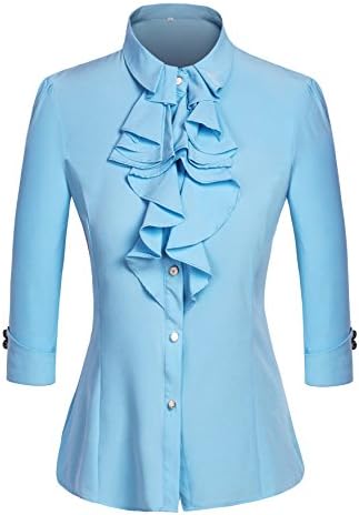 Women Elegant Stand Collar Lotus Leaf Ruffle OL Half Sleeve Blouse Light blue US 2