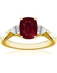 18K Yellow Gold Cushion Cut Ruby Three Stone Ring