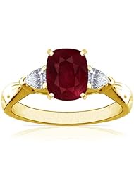 14K Yellow Gold Cushion Cut Ruby Three Stone Ring