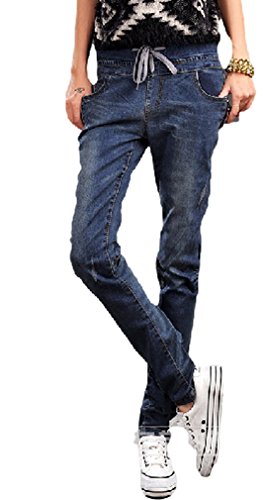 2015 春 ウェスト 幅広 ゴム 紐調整 楽ちん ローライズ ジッパー アクセント サイズ豊富 美スタイル スキニー デニム ジーンズ パンツ ディープブルー ブラック 26 27 28 29 30 31 32 33 34