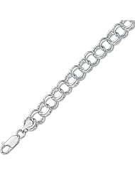 14K 07" White Gold Polish Diamond Cut Double Link Charm Bracelet With Lobster Clasp
