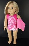 Pink One Piece Swim Suit in Pink with White Floral Design Complete with Towel and Swim Cap Designed for 18 Inch Doll Like the American Girl Dolls