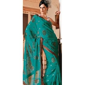 Buy Beautiful Blue Faux Georgette Embroidered Belly Dance Dress Saree Sari with Unstitched Blouse by Utsav