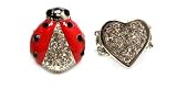 Just Give Me Jewels Silvertone Fashion Cocktail Stretch Ring Set of Ladybug and Crystal Heart