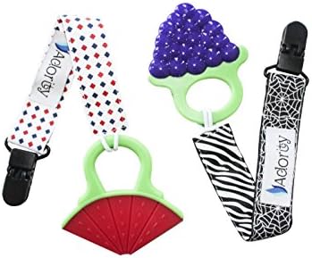 Teething Toys - FDA Compliant Chewable Silicone Teether Pack with Bonus Pacifier Clips - Best for Infant Teeth, Gum and Molar Pain Relief - Set of 4 - BPA Free Freezer Safe Soft Massaging Soothe Rings