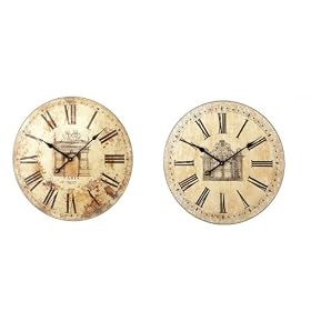 Set of 2 Wall Clocks Antique Face Paper French Drawings Brown Wash Roman Numeral