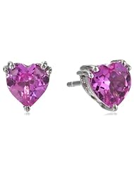 10k White Gold Heart-Shaped Created Pink Sapphire Earrings