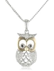 XPY Sterling Silver and 14k Yellow Gold Owl with Diamond Accent Pendant Necklace, 18"