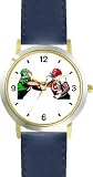 Two Lineman or Linebackers in Battle Football Theme - WATCHBUDDY  DELUXE TWO-TONE THEME WATCH - Arabic Numbers - Blue Leather Strap-Children's Size-Small ( Boy's Size & Girl's Size )