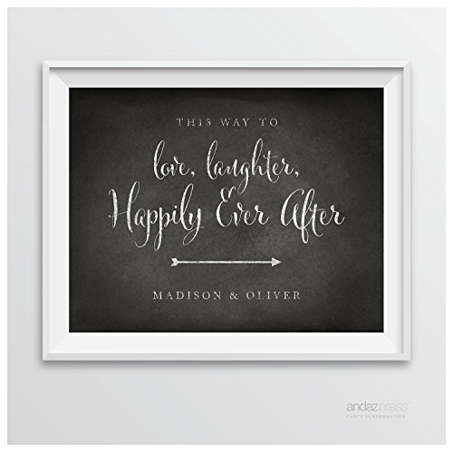 Andaz Press Personalized Wedding Party Signs, Vintage Chalkboard Print, 8.5-inch x 11-inch, This Way To Love, Laughter & Happily Ever After, 1-Pack, Custom Made Any Name