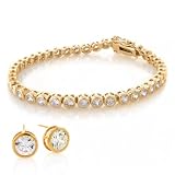 Bling Jewelry Gold Vermeil CZ Bezel Tennis Bracelet & Stud Earrings Jewelry Set