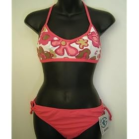 String tie side pink designer halter bikini. Size 12/14