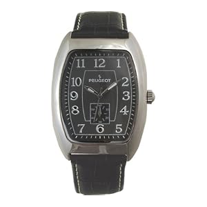Peugeot mens round gold-tone watch with a silver dial, calendar function and brown genuine leather strap