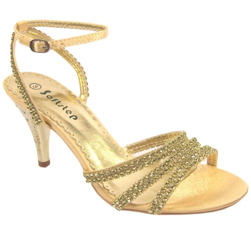 Womens Gold Evening Sandals Sequinned With Ankle Strap