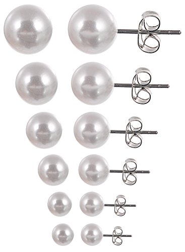 Areke Women's Faux Pearl Earrings Stud - Surgical Steel Earings Pin,Round Ball Jewelry Set of 6 Pairs