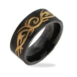 Eve's Addiction Men's Stainless Steel Black Plate Tribal Design Ring