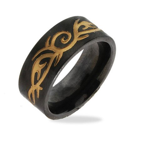 Eve's Addiction Men's Stainless Steel Black Plate Tribal Design Ring