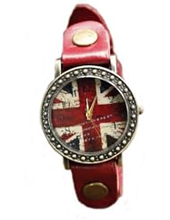 Women men Vintage England flag copper Rivet Wrist Watch Leather Belt Red