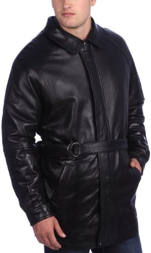 United Face Mens Classic Black Lambskin Belted Leather Coat, Black, X-Large
