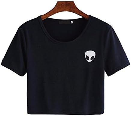 KKWFlus Teen Girls Cute Alien Crop Top Women Slim Tees Shirt Blue