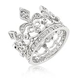 White Gold Rhodium Bonded Crown Style Eternity Ring Featuring Milligrain Accents and Bezel, Channel and Pave Set Round Cut Clear CZ in Silvertone