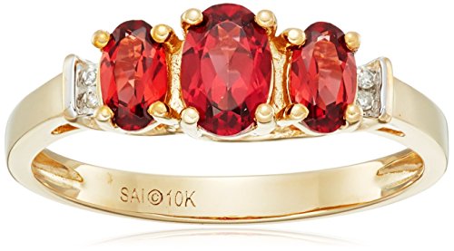 10k Yellow Gold January Birthstone 3-Stone Garnet with Diamond-Accent Ring, Size 7