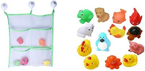 Bath Toy + Bath Toy Organizer Combo ✮ Mildew Resistant Extra Strong Bath Bag with 3 Suction Cups ✮ 13 Piece Vehicle Toy Set Your Kids Will Love (13 piece toy+ bath bag)