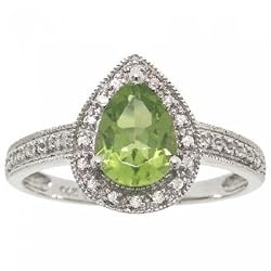 Green Peridot & Diamond Ring Set in White 14K Gold Size 7