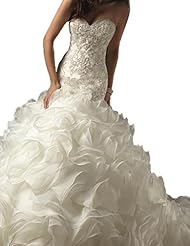 Vintage Applique  Beaded Organza Sleeveless Sweetheart Mermaid Wedding Dress  with a Brush/Sweep Train  With Ruffles