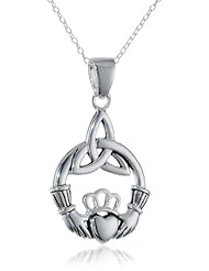 Sterling Silver Claddagh Celtic Knot Pendant Necklace with Rolo Chain, 18"