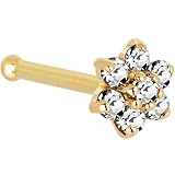 Solid 14KT Yellow Gold Clear Cubic Zirconia Flower Nose Bone - 18 Gauge