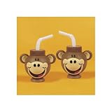 Plastic Monkey Head-Shaped Cups With Straws (1 dz)