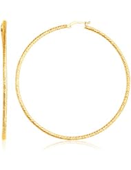 14K Yellow Gold Patterned Slender Extra Large Hoop Earrings