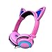 Cat Ear Headphones with Glowing Lights for Girls, IPRO Wired Gaming Folding LED Anime Over-Ear Headsets with Flashing Ears for Computer, Tablet, Phones, MP3, MP4, etc - Pink