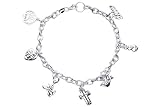 Sterling Silver Charm Bracelet with Cross, Angel, Love Charms